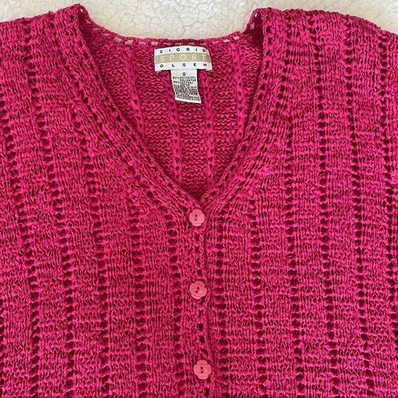 Sigrid Olsen Fuchsia V-neck Button Front Short Sleeve Sweater Top Size Small - Picture 5 of 11